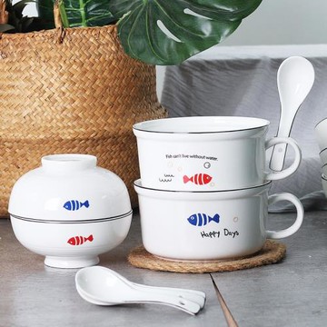 日式陶瓷泡面碗早餐杯加大學生飯盒面杯帶蓋帶把上班個性宿舍湯碗