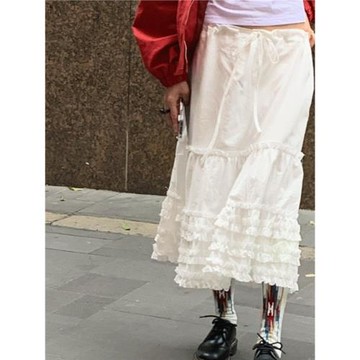 春季新品半身裙女韓系氛圍感甜美拼接花苞蛋糕裙木耳邊白色長裙子