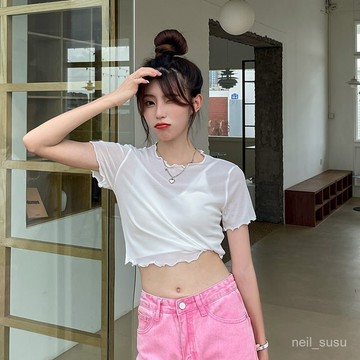 P3-[限時特賣]蕾絲打底衫女夏弔帶裙內搭薄款短袖T恤小衫別緻短款紗衣網紗上衣 韓係穿搭夏天 短闆上衣