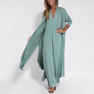 2024跨境歐美女裝外貿亞馬遜純色套頭V領無袖連衣裙開衫外套套裝