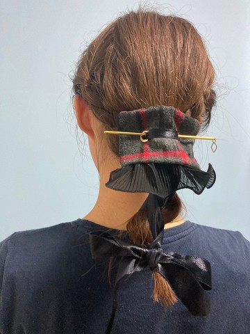 雙面 啡色格仔 頭飾 髮繩 髮簪 三件套