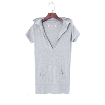 春季女裝時尚韓版純色V領連帽套頭短袖修身大口袋百搭T恤