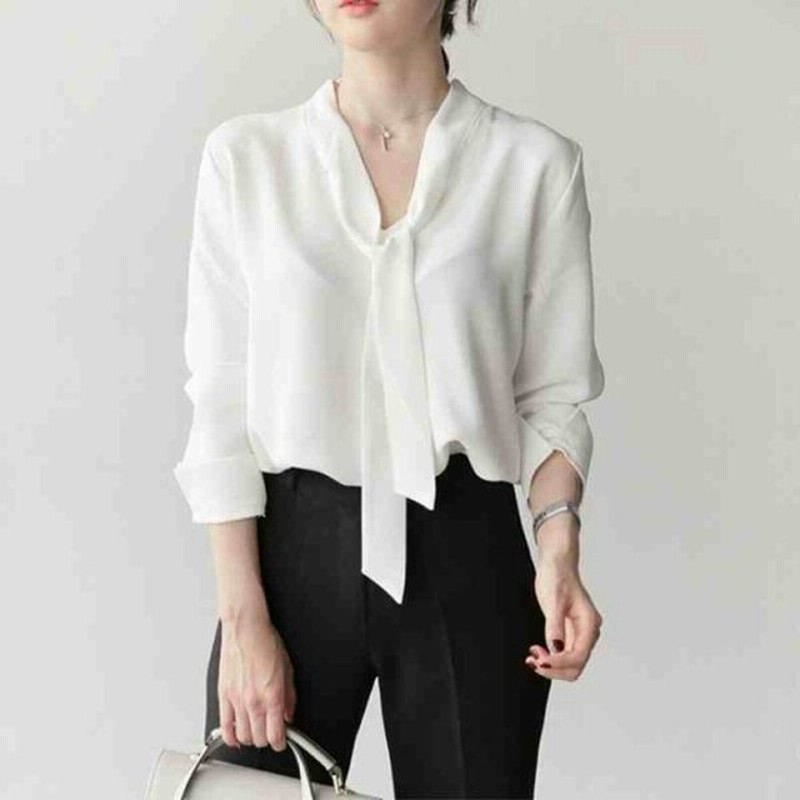 レディース トップス シフォン シャツ ブラウス 人気 通販 ボウタイ 長袖 袖あり Vネック 襟なし 無地 シンプル ゆったり ルーズ 大きめ 通販 Lineポイント最大get Lineショッピング