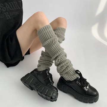 夜間教習室襪套春秋款女針織毛線腿套灰色堆堆襪子小腿過膝長筒襪