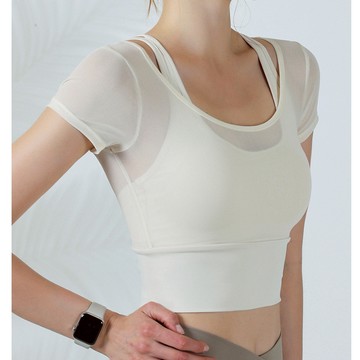 (台灣現貨速發)假兩件網紗胸墊上衣 免穿內衣款 固定式胸墊  網紗美背 透氣舒適 運動上衣 運動短袖 瑜珈上衣 瑜珈重訓