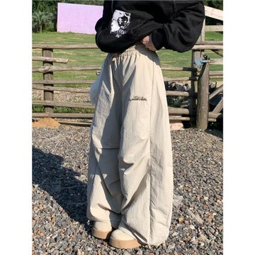 ABone 美式復古褶皺加絨彎刀工裝褲女秋冬高腰松緊抽繩闊腿拖地褲