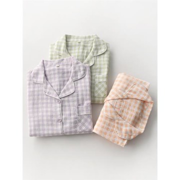 無印風格子睡衣女士春秋夏季純棉紗布薄款寬松長袖開衫家居服套裝