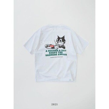 Crissrex Store CORCRNT CONT日系復古黑膠貓趣味印花短袖T恤短袖