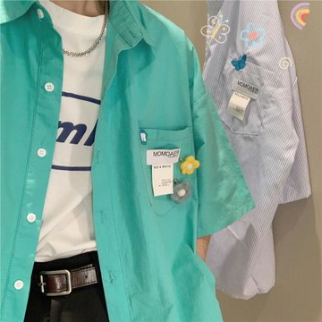 C2自制/別針花朵寬松襯衫超火cec湖藍色襯衣純色百搭學生半袖上衣