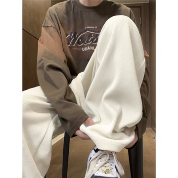 米白色重磅高街衛褲男秋季潮流垂感百搭運動褲美式寬松闊腿休閑褲