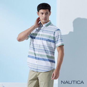 Nautica 男裝 夏日清新條紋短袖襯衫-白色