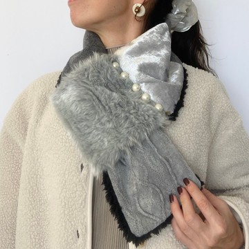 蓬鬆保暖珍珠點綴頸飾 — 優雅灰階漸變款 (日本製)