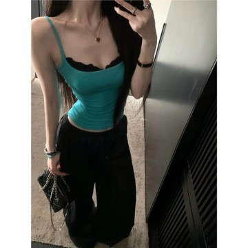 甜辣妹短款蕾絲拼接吊帶背心女夏季修身顯瘦外穿帶胸墊上衣打底衫
