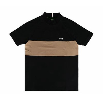 BOSS 棉混紡印花白字LOGO立領拉鍊設計拼接插肩袖Polo衫(男款/黑x咖)