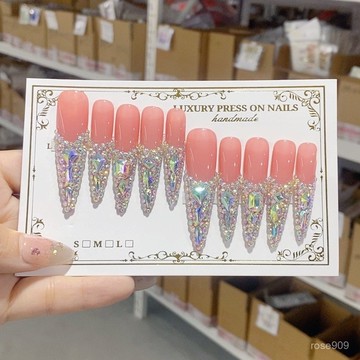 ✨Hannah✨長款爆款重工法式鑲嵌閃鑽誇張流行穿戴美甲貼紙純手工穿戴甲 5N9Z