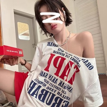 【顯瘦百搭】美式寬鬆T恤 潮流上衣 寬鬆顯瘦 ins風 純欲大碼 韓版印花 露肩短袖 t恤女 夏季新款 時尚短版上衣 個