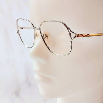 老品全新 銀面鑲崁玫瑰粉飾紋 鈦合金 古董眼鏡 時尚雅致 質感佳