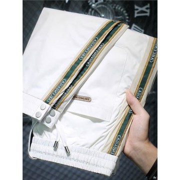 輕奢白色冰絲九分休閑褲男痞帥條紋束腳夏季潮牌寬松速干運動褲子