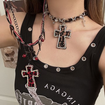 【台灣公司 可打統編】免運 Y2K辣妹豹紋十字架項鏈亞文化朋克choker多層鎖骨鏈甜酷暗黑項圈 可開發票 全館五折 工廠現貨直銷 新品特價 z9211
