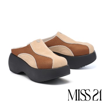 穆勒鞋 MISS 21 微酸個性潮感LOGO異材質拼接撞色大頭厚底穆勒拖鞋－咖