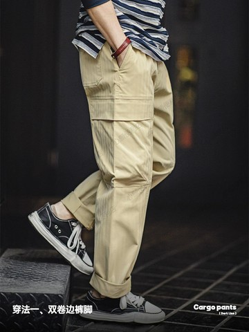 馬登工裝 美式復古多口袋人字紋休閑褲vibe軍綠色直筒長褲男春季