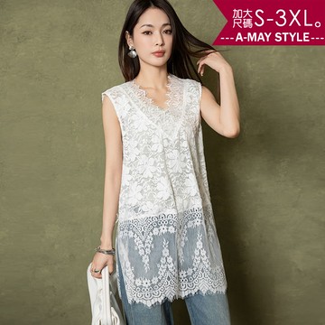 加大碼 上衣 時尚設計感V領透膚蕾絲中長版背心(S-3XL)【XSW250545】＊艾美時尚(現+預)
