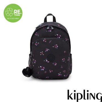 Kipling (網路獨家款)黑底印花上方拉鍊後背包-DELIA