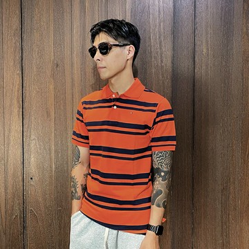 美國百分百【全新真品】Tommy Hilfiger POLO衫 網眼 短袖 TH 上衣 青年款 條紋 橘底藍紋 F138