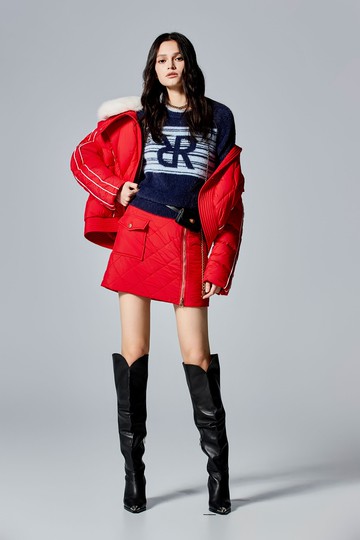 火鶴紅拉鍊舖棉車格短裙