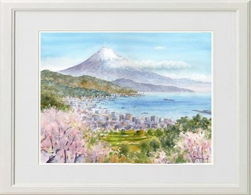 富士山與櫻花・從日本平眺望 水彩畫原畫