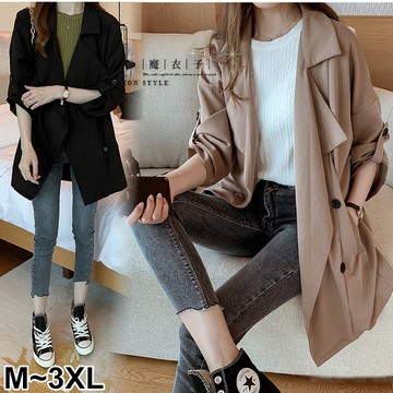 【QV3265】魔衣子-純色中長款寬鬆風衣外套