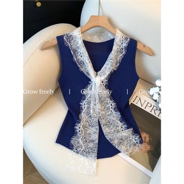 Grow freely 法式蕾絲拼接系帶V領背心夏季修身顯瘦針織衫上衣女