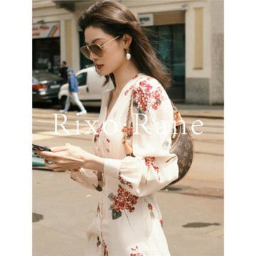 法國Rixo Rane鐘楚曦同款法式碎花連衣裙女長袖v領收腰顯瘦中長裙