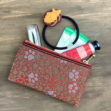 【肉球與櫻花】榻榻米邊飾 扁平零錢包 小收納包 卡片夾 日式 紅色 金色 腳印 狗狗