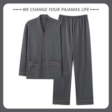 2025年男士睡衣春秋季純棉長袖大碼V領 薄款秋天可外穿家居服套裝