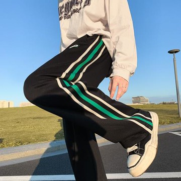 條紋運動褲男春秋款垂感高級感直筒褲美式寬松闊腿褲男士休閑長褲