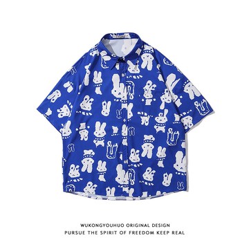 悟空有貨夏季潮牌卡通滿印短袖襯衫男ins街頭寬松情侶裝百搭襯衣