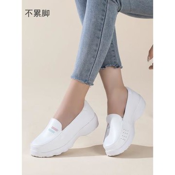 護士鞋高檔女白色真皮軟底坡跟輕便舒適透氣不累腳四季可穿單鞋