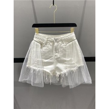 2026夏季設計感網紗拼接假兩件牛仔短褲女高腰破洞毛邊闊腿熱褲潮