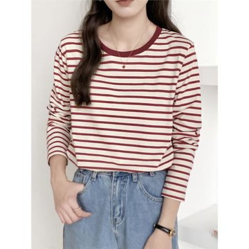 美式復古紅色正肩條紋拼色設計感長袖寬松顯瘦2025春秋女通勤百搭