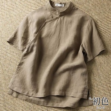 初色 純色棉麻風立領短袖T恤上衣短款改良式旗袍女上衣-共3色-35936(M-3XL可選)