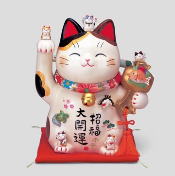 日本製【薬師窯】瀨戶純手工彩繪招福大開運招財貓(附縮緬項圈、8.5號)Ykcat-7453