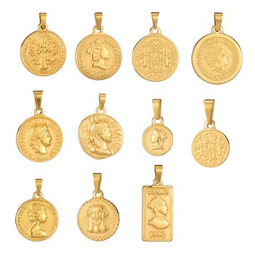 宏雲Hongyun-QJ-羅馬人像金幣錢幣麥穗伊莉莎白圓牌項鍊單吊墜 鈦鋼鍍18k金保色