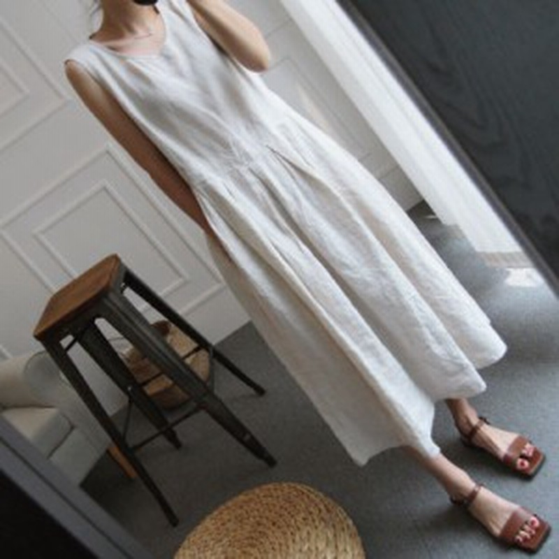 リネンワンピース ロング丈 ワンピース マキシ丈 綿麻 麻 コットン ノースリーブ 袖なし 白黒 韓国 オルチャン ゆったり シンプル 通販 Lineポイント最大1 0 Get Lineショッピング