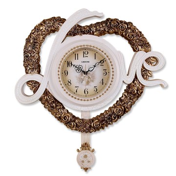 麗盛大號歐式心形靜音掛鐘浪漫玫瑰客廳裝飾鐘表靜音LOVE帶擺時鐘