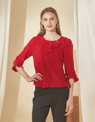 ★【喜芝梅】紅唇蝶舞 鮮紅荷葉邊領飾長袖雪紡上衣(紅色；M-2L) 224480002