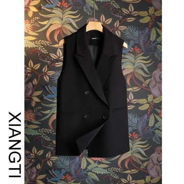 XT西裝馬甲女2025年新款潮流休閑外搭顯瘦馬夾背心黑色洋氣雙排扣