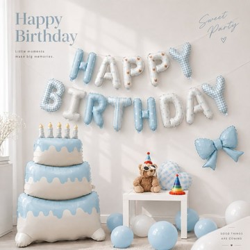 現貨當天寄*16吋 藍色鄉村風格子生日字母氣球 Happy Birthday氣球 收涏 周歲佈置
