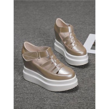 夏季包頭涼鞋女真皮內增高厚底鏤空魔術貼休閑百搭防水臺松糕女鞋