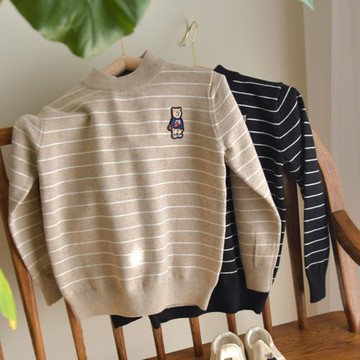 秋冬半高領兒童條紋針織套頭打底毛線衣